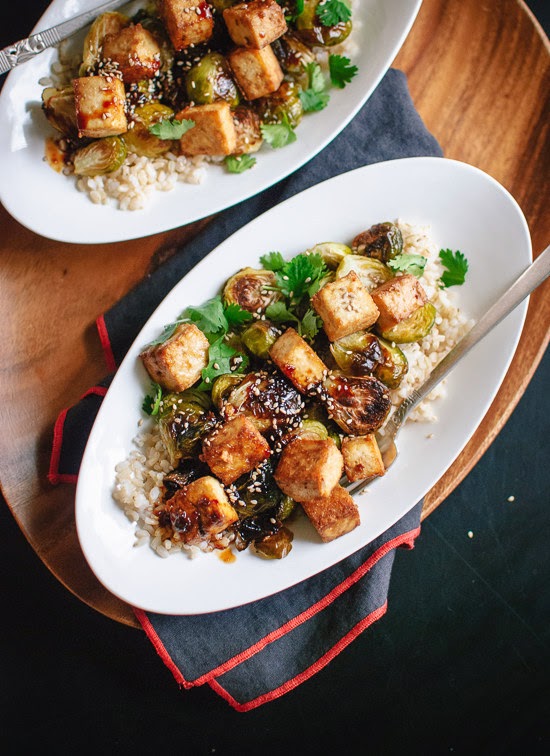 http://cookieandkate.com/2014/roasted-brussels-sprouts-and-crispy-baked-tofu-with-honey-sesame-glaze/